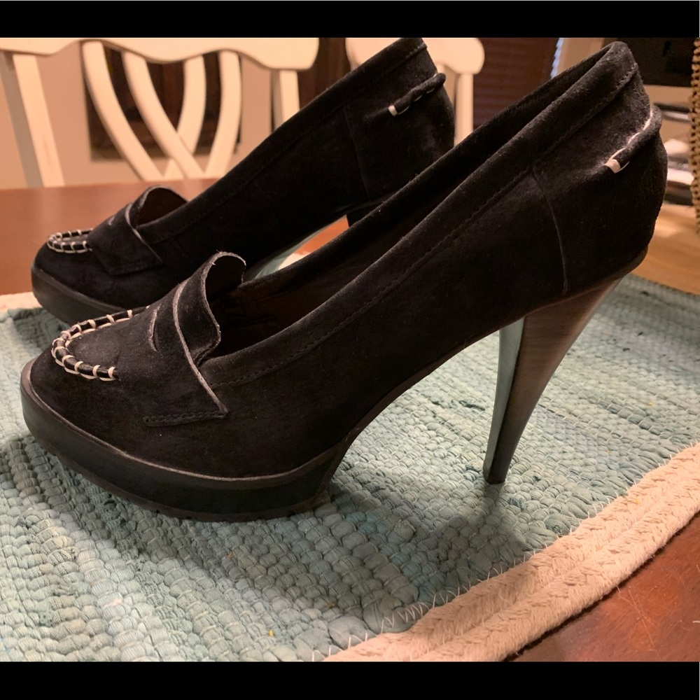 Black suede penny loafer pump